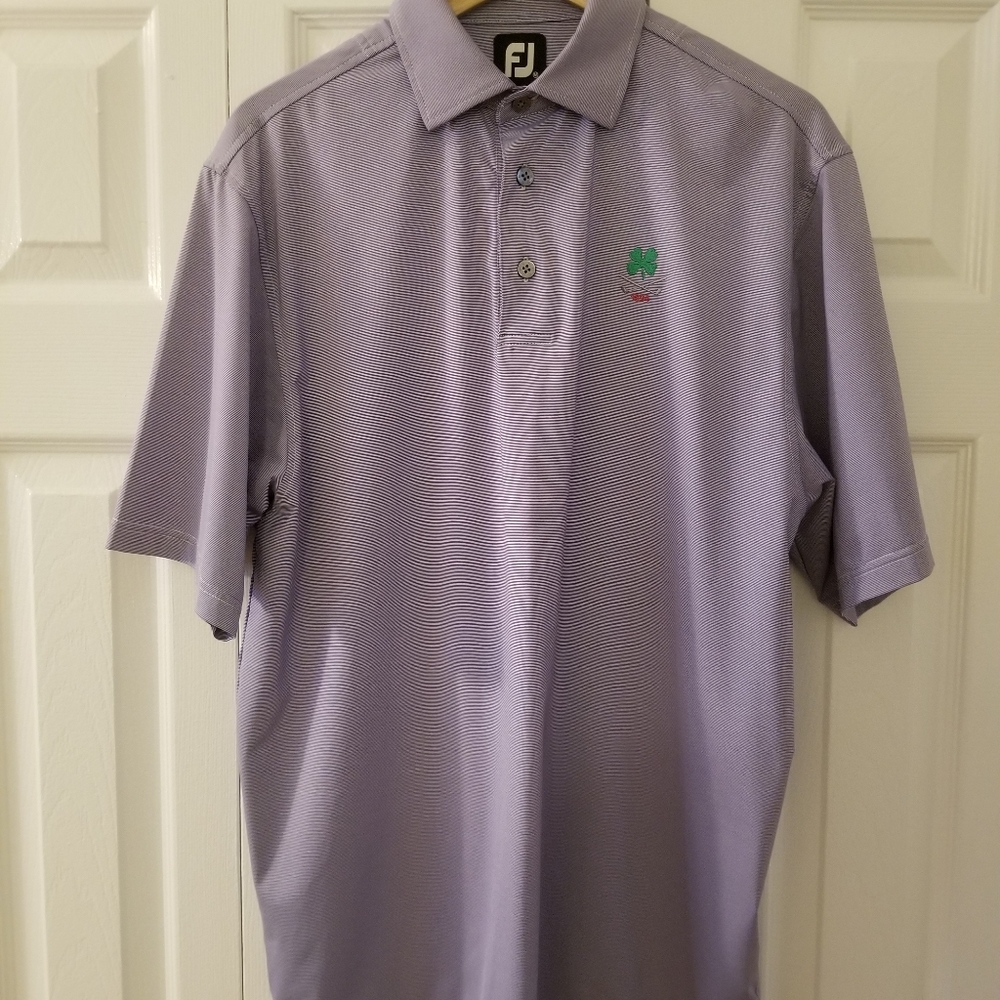 FootJoy FJ Men Short Sleeve Golf Polo Shirt Size Medium Purple Striped 1894 Logo